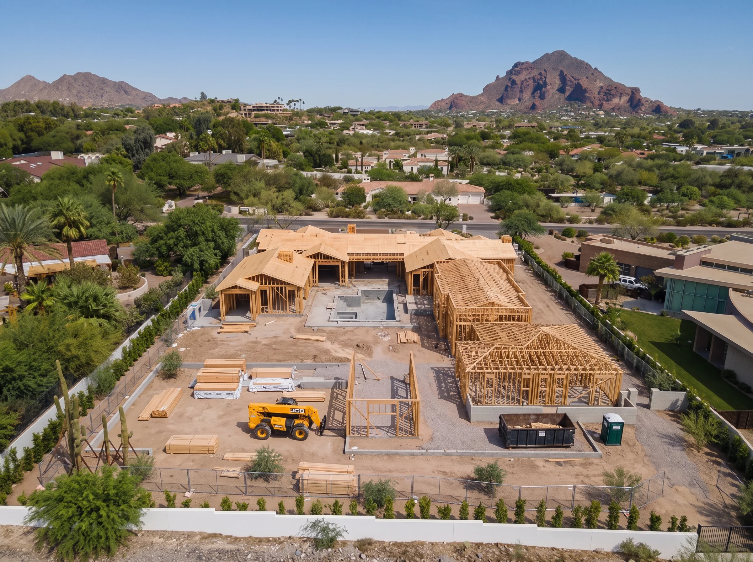 Wood-framed custom home under construction in Phoenix — illustrative rendering