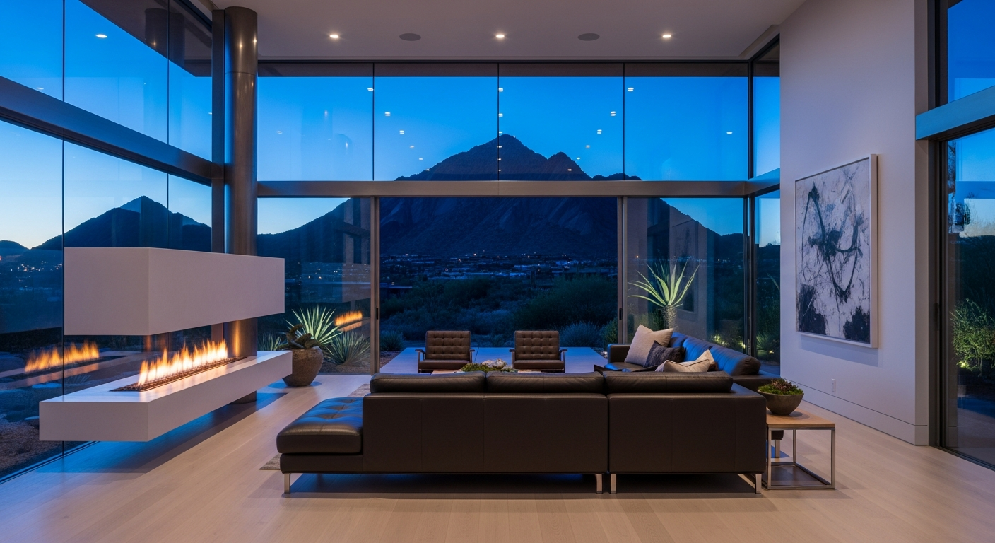 Luxury living room with floor-to-ceiling glass wall revealing Camelback Mountain at blue hour — private residence by Asher Management Group, Paradise Valley